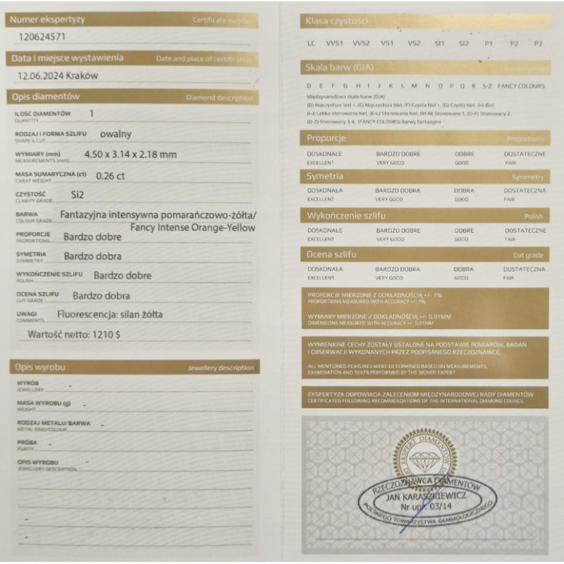 Diament szlif owalny, 0.26ct, I1, Fancy Intense Brownish Yellow, IGI 724548102