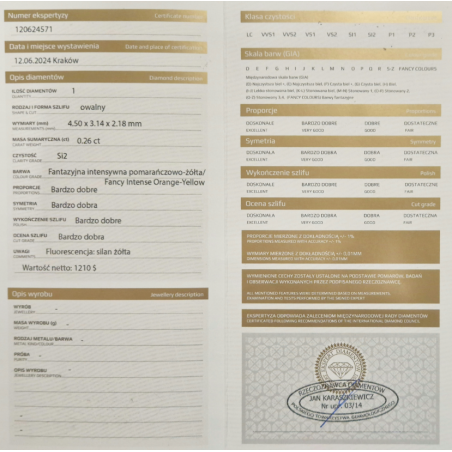 Diament szlif owalny, 0.26ct, I1, Fancy Intense Brownish Yellow, IGI 724548102