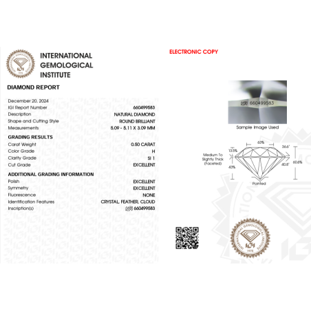 Diament szlif okrągły, 0.50ct, SI1, H, IGI 660499583