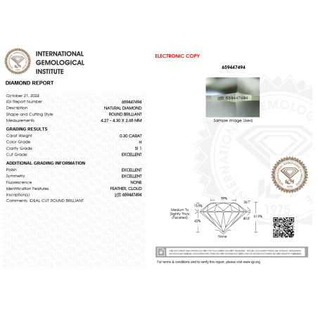 Diament szlif okrągły, 0.30ct, SI1, H, IGI 659447494