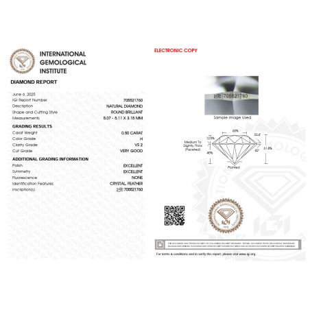 Diament szlif okrągły, 0.50ct, VS2, H, IGI 705521760