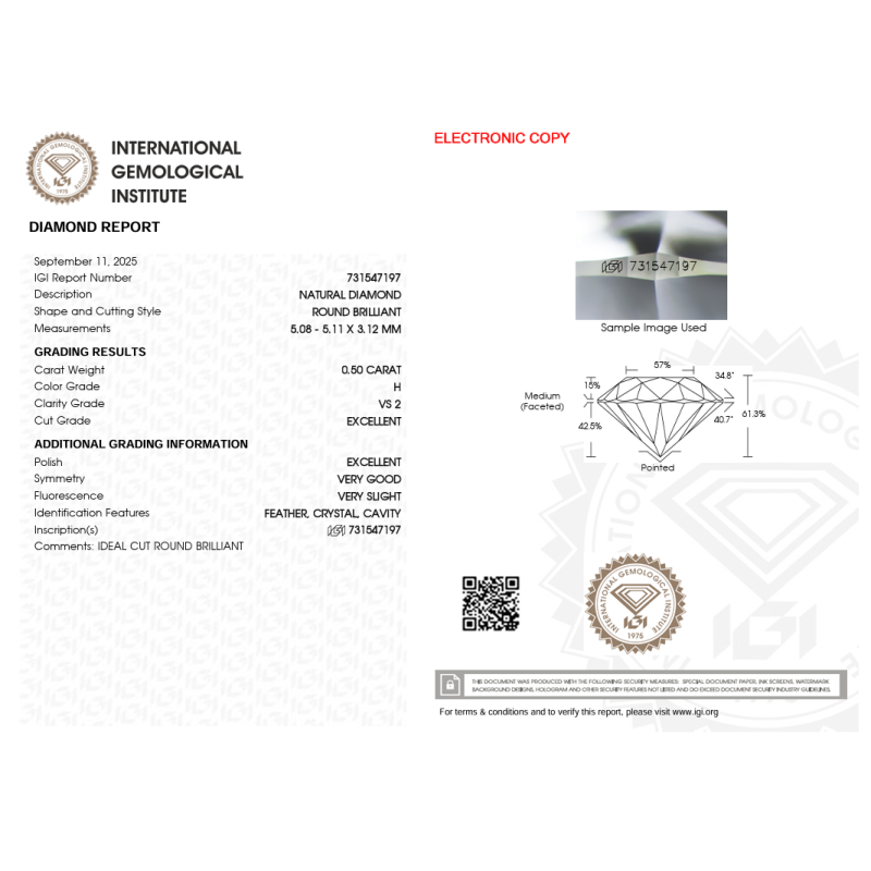 Diament szlif okrągły 0.5ct, VS2, H, IGI 731547197