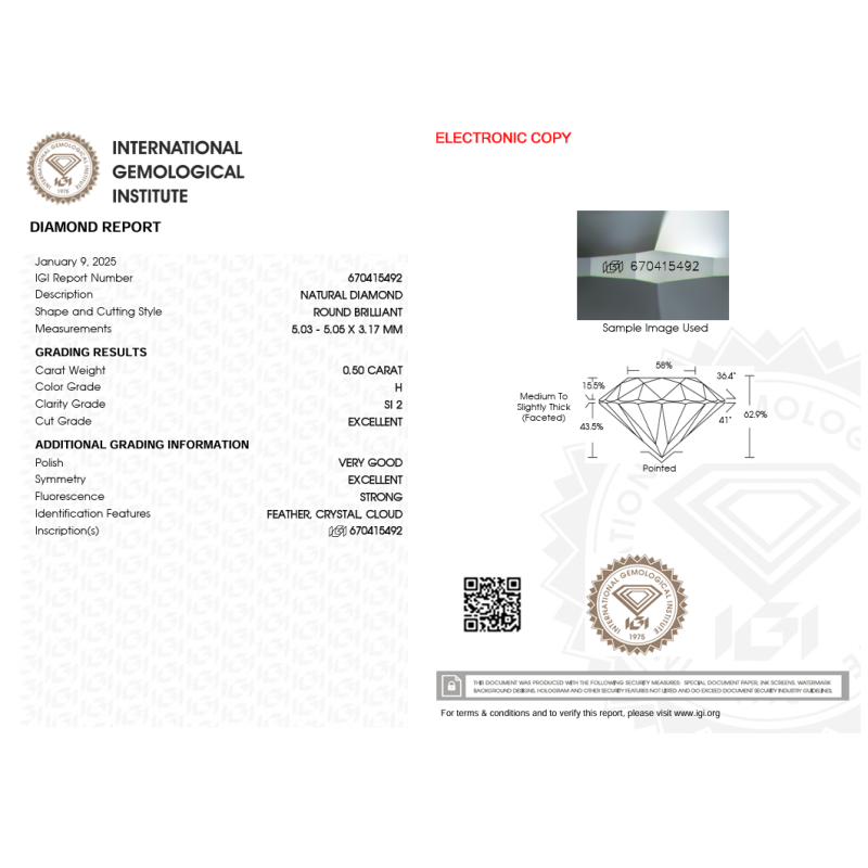Diament szlif okrągły 0.5ct, SI2, H, IGI 670415492