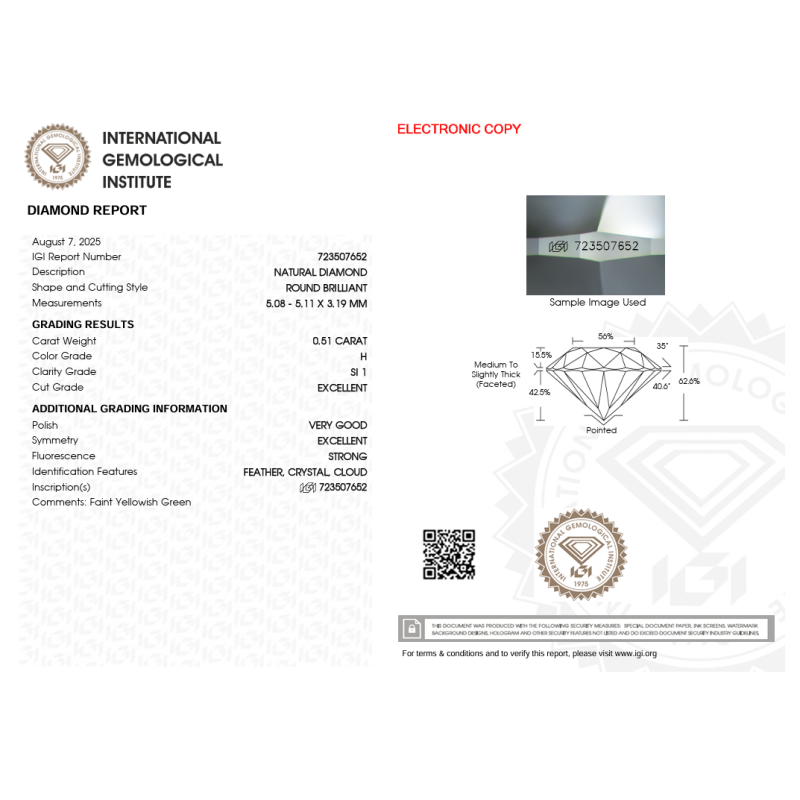 Diament szlif okrągły 0.51ct, SI1, H, IGI 723507652