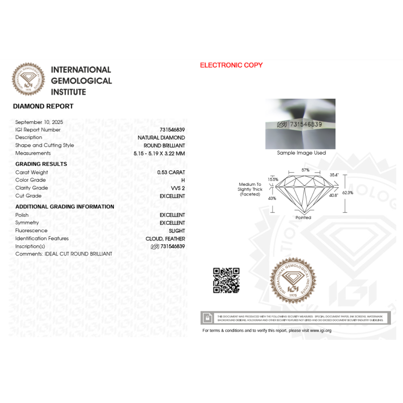 Diament szlif okrągły 0.53ct, VVS2, H, IGI 731546839