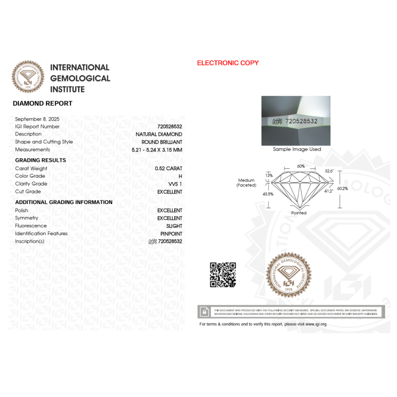 Diament szlif okrągły 0.52ct, VVS1, H, IGI 720528532