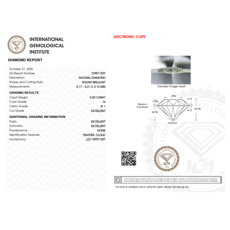 Diament szlif okrągły, 0.5ct, SI1, G, IGI 739571257