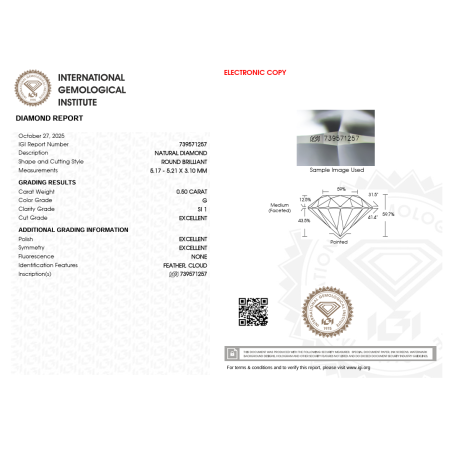 Diament szlif okrągły, 0.5ct, SI1, G, IGI 739571257