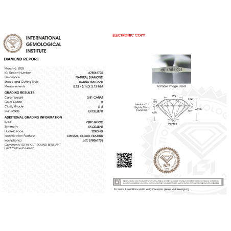 Diament szlif okrągły, 0.51ct, SI2, H, IGI 678561725