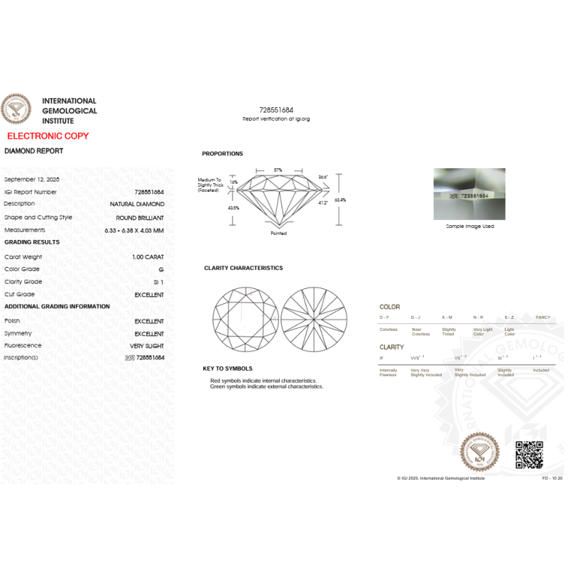 Diament szlif okrągły, 1.0ct, SI1, G, IGI 728551684