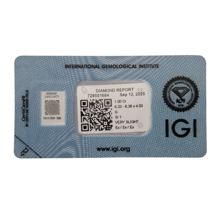 Diament szlif okrągły, 1.0ct, SI1, G, IGI 728551684