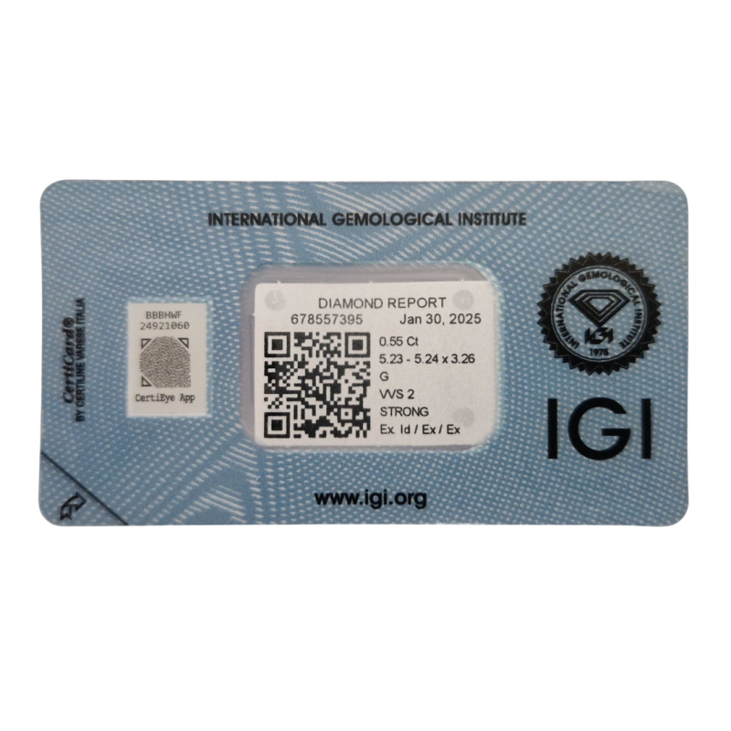 Diament szlif okrągły, 0.55ct, VVS2, G, IGI 678557395