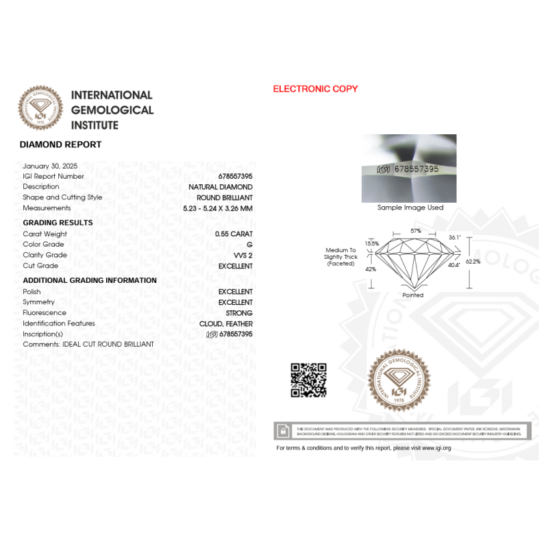 Diament szlif okrągły, 0.55ct, VVS2, G, IGI 678557395