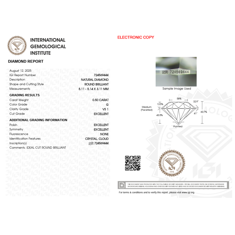 Diament szlif okrągły, 0.5ct, VS1, G, IGI 724569444