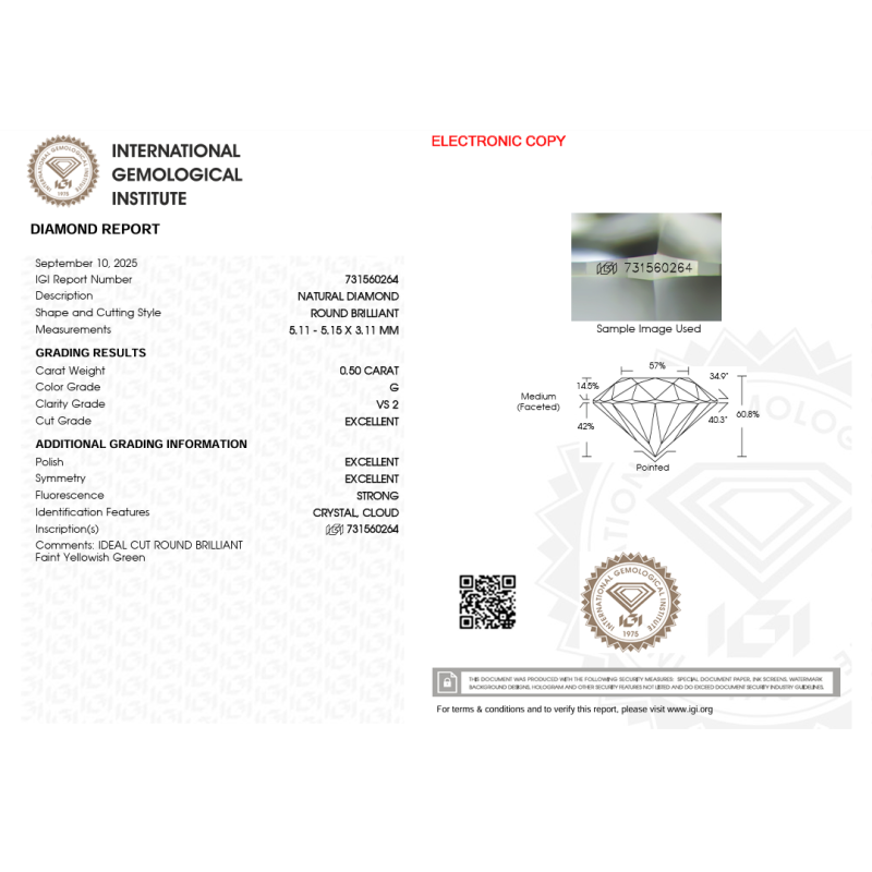 Diament szlif okrągły, 0.5ct, VS2, G, IGI 731560264