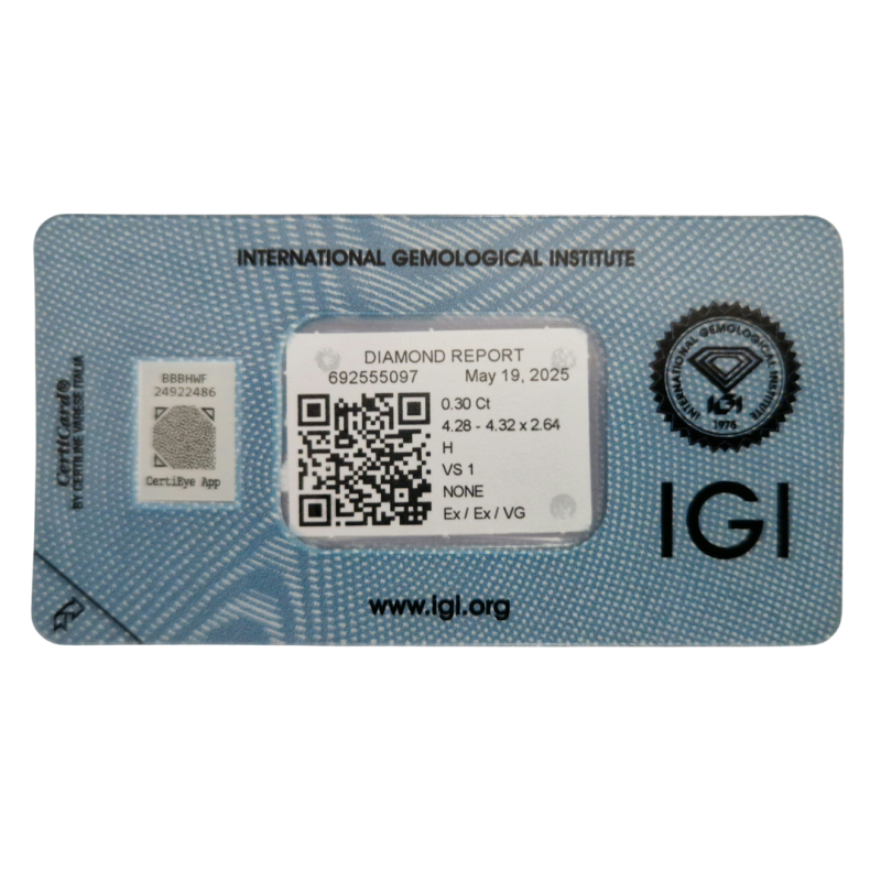 Diament szlif okrągły, 0.3ct, VS1, H, IGI 692555097