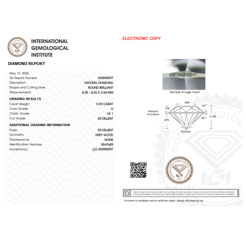 Diament szlif okrągły, 0.3ct, VS1, H, IGI 692555097