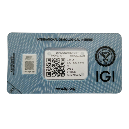 Diament szlif okrągły, 0.51ct, VVS2, H, IGI 692523171