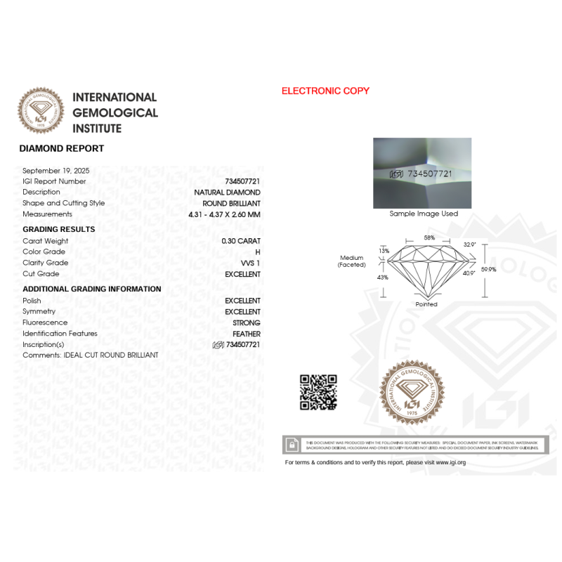 Diament szlif okrągły, 0.3ct, VVS1, H, IGI 734507721