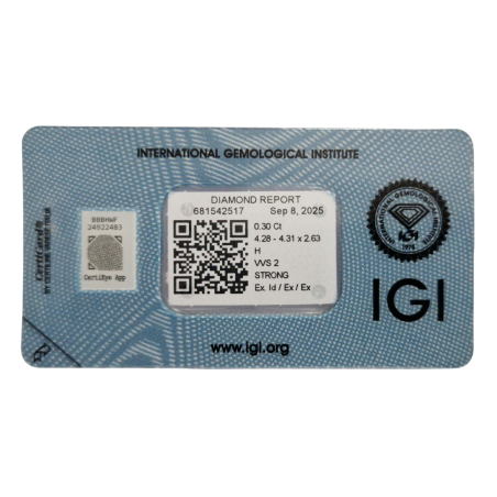 Diament szlif okrągły, 0.3ct, VVS2, H, IGI 681542517