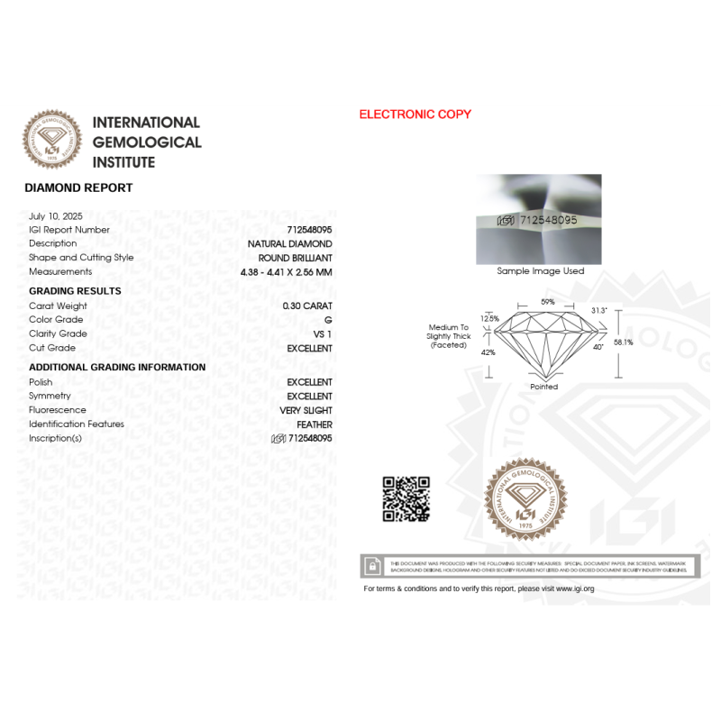 Diament szlif okrągły, 0.3ct, VS1, G, IGI 712548095