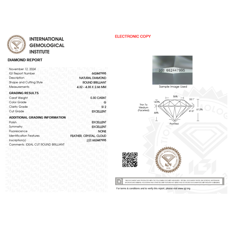Diament szlif okrągły, 0.3ct, SI2, G, IGI 662447995