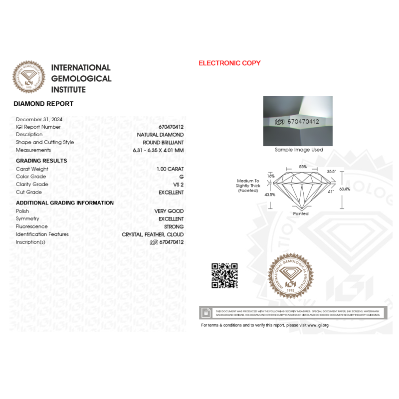 Diament szlif okrągły, 1.0ct, VS2, G, IGI 670470412