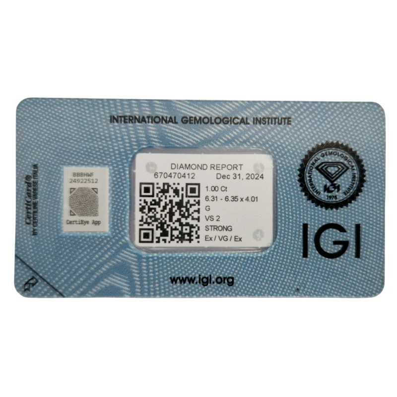 Diament szlif okrągły, 1.0ct, VS2, G, IGI 670470412