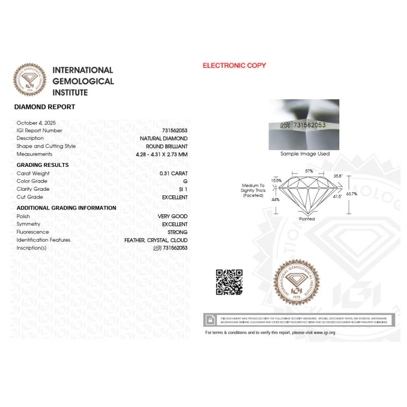 Diament szlif okrągły, 0.31ct, SI1, G, IGI 731562053