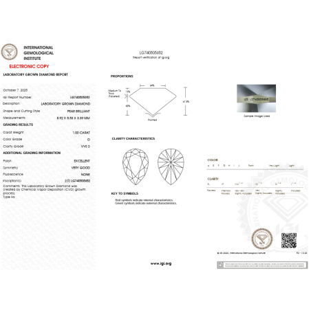 Diament laboratoryjny szlif gruszkowy, 1.0ct, VVS2, D, IGI LG740505652