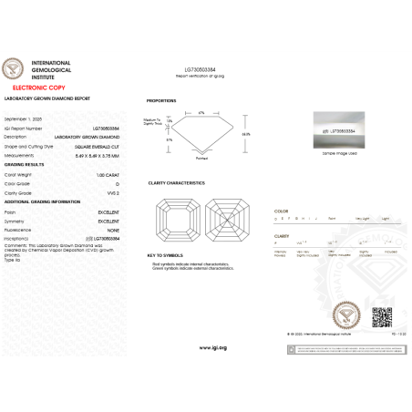 Diament laboratoryjny asscher, 1.0ct, VVS2, D, IGI LG730503384
