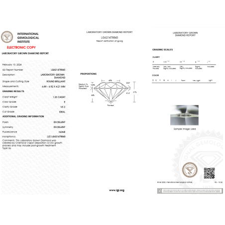 Diament laboratoryjny szlif okrągły, 1.23ct, VS2, E, IGI LG621478843