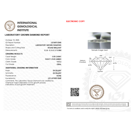 Diament laboratoryjny o barwie fantazyjnej szlif okrągły, 0.5ct, VVS2, Fancy Vivid Green, IGI LG743512040