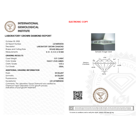 Diament laboratoryjny o barwie fantazyjnej szlif okrągły, 0.51ct, VVS2, Fancy Vivid Green, IGI LG744506036