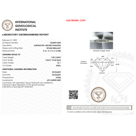 Diament laboratoryjny o barwie fantazyjnej szlif okrągły, 0.5ct, VS1, Fancy Vivid Blue, IGI LG683516435