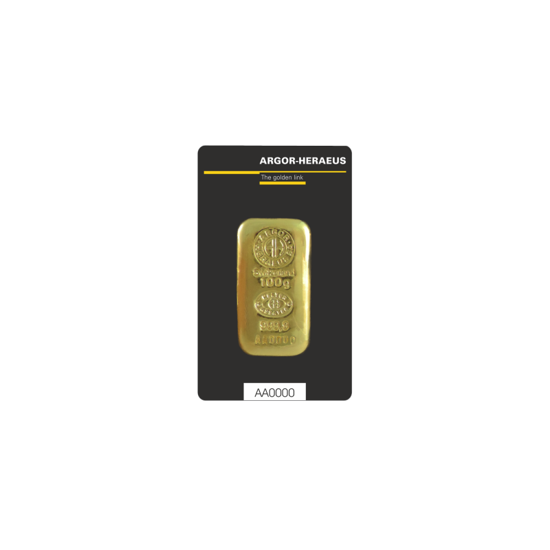 Sztabka Złota 100 gramów ARGOR - HERAEUS LBMA - odlewana Sztabka Złota 100 gramów ARGOR - HERAEUS LBMA - odlewana