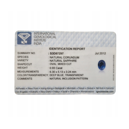 Szafir szlif owalny, 0.93ct, BLUE, IGI S3D87297