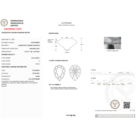 Diament laboratoryjny szlif gruszkowy, 3.0ct, VVS2, E, IGI LG757530565