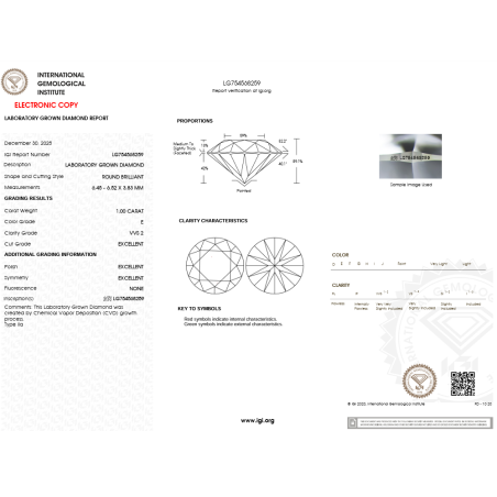 Diament laboratoryjny szlif okrągły, 1.0ct, VVS2, E, IGI LG754568259