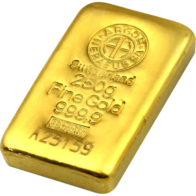 Sztabka Złota 250 gramów ARGOR - HERAEUS LBMA - odlewana Sztabka Złota 250 gramów ARGOR - HERAEUS LBMA - odlewana