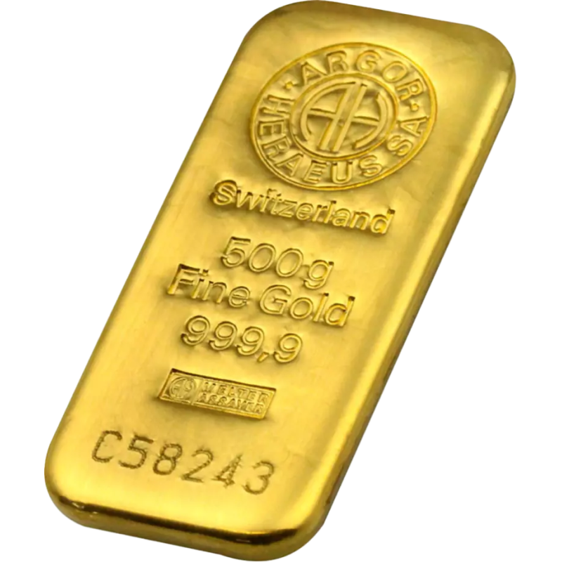 Sztabka Złota 500 gramów ARGOR - HERAEUS LBMA - odlewana Sztabka Złota 500 gramów ARGOR - HERAEUS LBMA - odlewana
